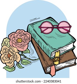 Romantic decorative vector composition with books, flowers and glasses for poster print, book store logo, teachers day postcard. Back to school vintage style theme. Hand drawn illustration.