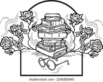 Romantic decorative vector composition with books, flowers and glasses for poster print, book store logo, teachers day postcard. Back to school vintage style theme. Hand drawn illustration.