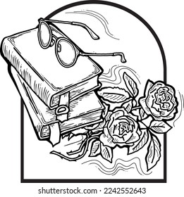 Romantic decorative vector composition with books, flowers and glasses for poster print, book store logo, teachers day postcard. Back to school vintage style theme. Hand drawn illustration.