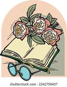 Romantic decorative vector composition with books, flowers and glasses for poster print, book store logo, teachers day postcard. Back to school vintage style theme. Hand drawn illustration.