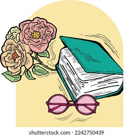 Romantic decorative vector composition with books, flowers and glasses for poster print, book store logo, teachers day postcard. Back to school vintage style theme. Hand drawn illustration.