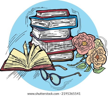 Romantic decorative vector composition with books, flowers and glasses for poster print, book store logo, teachers day postcard. Back to school vintage style theme. Hand drawn illustration.