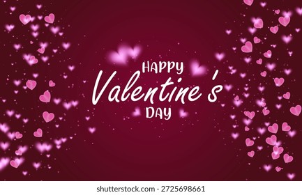 Romantic, deep red background with soft, glowing pink hearts and sparkles, “Happy Valentine’s Day” text, creating a warm, dreamy greeting card style for love and celebration.