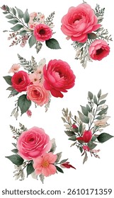 Romantic and delicate camellia and rose flower bouquet with greenery. Gorgeous pink roses with lush green leaves arranged elegantly. Modern and artistic pink and red roses in a soft watercolor style