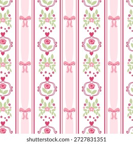 Romantic delicate seamless pattern with floral stripes and stripes with bows. Design for fabric, wallpaper, paper In red and pink colors. Vector illustration.