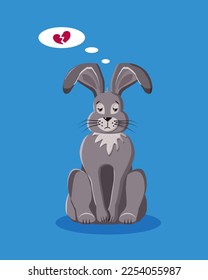 Romantisches deprimiertes graues Kaninchen auf blauem Hintergrund. Einziger flacher Cartoon-Charakter