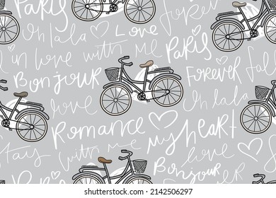 Romantic design with bike drawings and love concept handwriting lettering words and hearts. Seamless pattern repeating texture background. For fashion graphics, textile prints, fabrics.