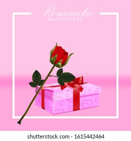 Romantic design concept with gift box and rose flower on soft pink background. Vector template for use element poster, cover, banner, greeting card