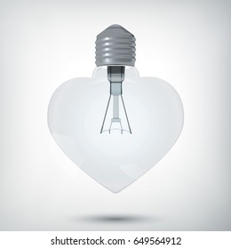Romantic design concept with realistic bulb in shape of heart on gray background isolated vector illustration