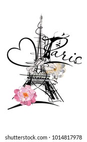 Romantic design with the Eiffel tower, hearts and  flowers. Hand drawn illustration.