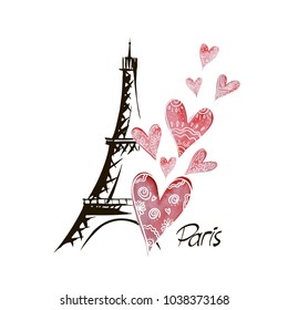 Romantic design with the Eiffel tower, hearts. Hand drawn illustration.