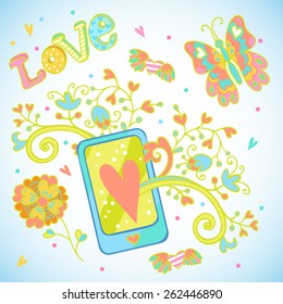 Romantic design elements set with phone,  butterfly and  flowers. Can be used for cards, invitations, fabrics, wallpapers, stickers and decoration.