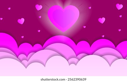 A romantic design featuring bright magenta and pink hearts floating over layered abstract clouds, symbolizing love, passion, and warmth with a modern artistic aesthetic.