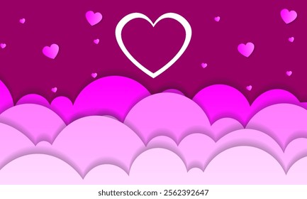 A romantic design featuring bright magenta and pink hearts floating over layered abstract clouds, symbolizing love, passion, and warmth with a modern artistic aesthetic.