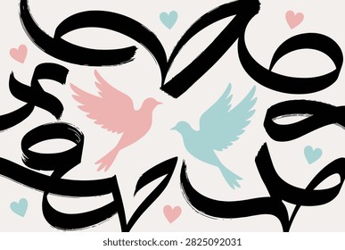 Romantic design featuring two flying doves in pink and blue surrounded by black calligraphy swirls and small hearts for Valentine Day.