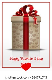 Romantic design. Greeting card with gift box and greeting inscription - Happy Valentine's Day. Vector illustration
