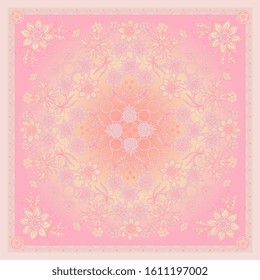 Romantic design for scarf, shawl, kerchief with beautiful floral ornament in pink colors. Elegant bandana print.