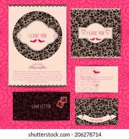 Romantic design set. Masked pattern. To be used for postcards, invitations, cards, folders, envelopes design