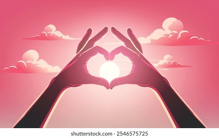  A romantic design showing hands forming a heart shape against a dreamy pink sky. Ideal for Valentine’s Day and love-themed projects.