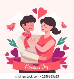 Romantic design of young lovers hugging each other. Happy anniversary concept.