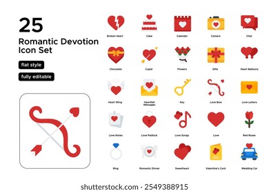 Romantic Devotion Flat Icon Set: Heartfelt Gestures, Couples, and Intimate Moments Icons