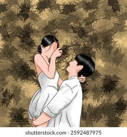 Romantic digital illustration of a couple in love. A man lifts his partner in a joyful embrace, set against an abstract golden-toned background. Perfect for love and relationship themes