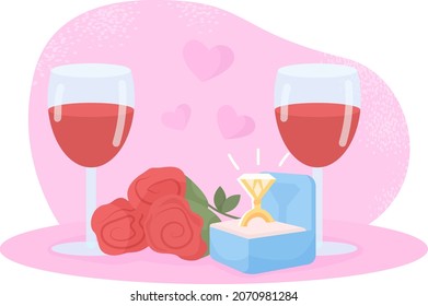 Romantic dinner 2D vector isolated illustration. Wine glasses for couple and engagement ring in box. Evening date flat composition on cartoon background. Marriage proposal colourful scene