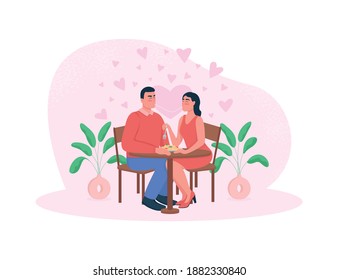 Romantic dinner 2D vector web banner, poster. Couple eat noodles. Man and woman in love flat characters on cartoon background. Anniversary celebration printable patch, colorful web element