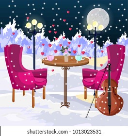 Romantic dinner in the air Vector. Snowing winter mountains backgrounds