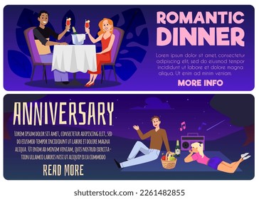 Cena romántica o celebración del aniversario banners web set, ilustración vectorial plana. parejas felices en dátiles en restaurantes y en picnic. Afiches informativos sobre cenas románticas y fechas.