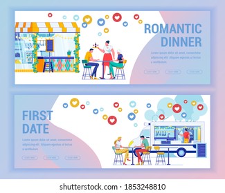 Romantic Dinner in Cafe and First Day at Foodtruck. On Columns Small, Cute Cafe, Green Ivy Winds. Next to it Small Table, Man and Woman Ordered Wine. Guy and Girl Met at Food Truck, they Drink Tea.