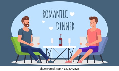 Romantic Dinner in Cafe. Gay Couple Meeting. Two Men Sitting on Reastaurant Talking. Happy Homosexual Relationship in Date. Young Attractive Love Match Together at Table Enjoing Vine.