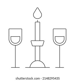 Romantic dinner with candles and wine line icon on white background. Vector isolated outline drawing