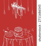 Romantic dinner. A card template with space for text for Valentines Day, wedding, or birthday. An elegantly set table with glasses, wine, cake, and shells. Vector illustration on a red background