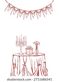 Cena romántica. Plantilla de tarjeta con espacio para texto para el día de San Valentín, bodas o cumpleaños. Mesa con pastel, flores, candelabros y velas. Ilustración de contorno de Vector rojo sobre un fondo blanco.