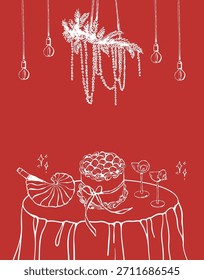 Cena romántica. Una Plantilla de tarjeta con espacio para texto para el día de San Valentín, boda o cumpleaños. Una mesa elegantemente decorada con vasos, vino, pastel y conchas. Ilustración vectorial sobre un fondo rojo