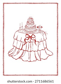 Romantic dinner. Card template with space for text for Valentines Day, weddings, or birthdays. Table with cake, candles, and a bow. Red vector outline illustration on a white background
