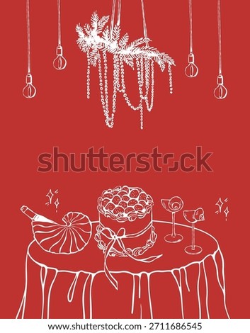 Romantic dinner. A card template with space for text for Valentines Day, wedding, or birthday. An elegantly set table with glasses, wine, cake, and shells. Vector illustration on a red background