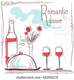 Romantic dinner card. Vector illustration with wine and food and text