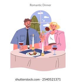 Conceito de jantar romântico. Um casal gosta de uma refeição à luz de velas com vinho, transmitindo amor e intimidade. Noite de encontro em casa, vínculo de relacionamento. Ilustração vetorial.