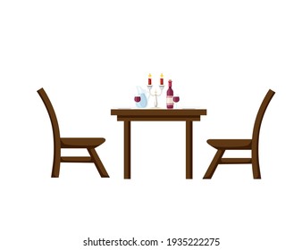 Romantic dinner concept with wine and wine glass wooden luxury royal table and chairs vector illustration on white background