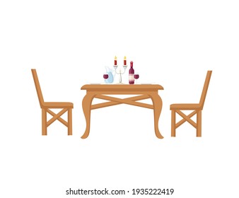 Romantic dinner concept with wine and wine glass wooden luxury royal table and chairs vector illustration on white background