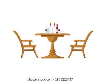 Concepto romántico de cena con vino y vidrio de vino mesa real de lujo de madera y sillas ilustración vectorial sobre fondo blanco