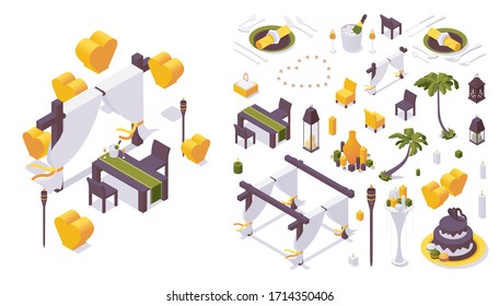 Romantisches Abendessen für Paar isometrische Set. Palmen, Tisch, Stühle, Kerzen und mehr. Schöne Strandabendparty