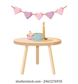 Romantic dinner with cupcake, cup of tea, candle and garland from hearts on the wall flat vector illustration
