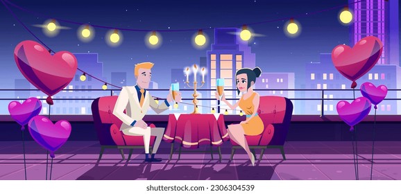 Romantic dinner date at night on city roof terrace cartoon illustration. Couple dining on balcony table with celebration and balloon decoration for marriage proposal or anniversary celebration