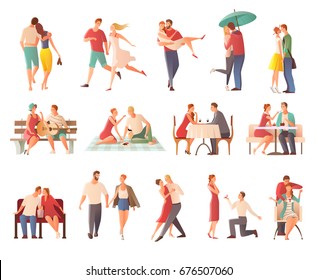 Romantic dinner dating couples flat isolated characters collection with lovers kissing going for walk giving gifts vector illustration
