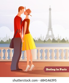Romantic dinner dating couples flat composition with human characters on river bank and Eiffel tower view vector illustration