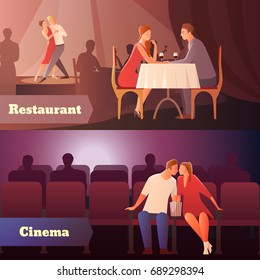 Romantic dinner dating couples flat compositions with loving couple having a date in cinema and restaurant vector illustration