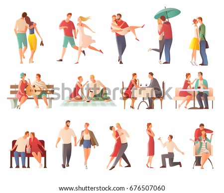 Romantic dinner dating couples flat isolated characters collection with lovers kissing going for walk giving gifts vector illustration